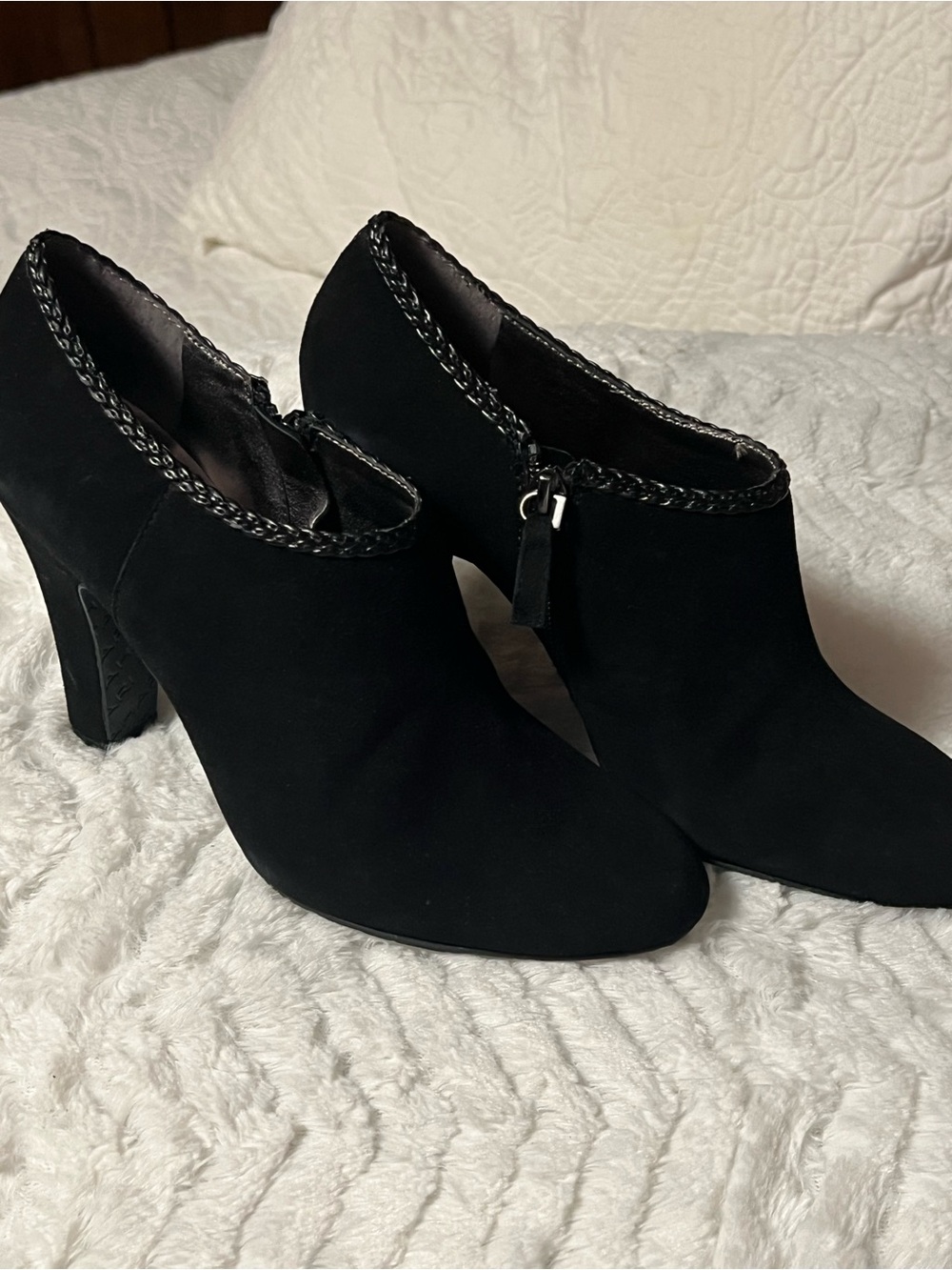 Tahari Black Suede Ankle Booties with Braided Trim
